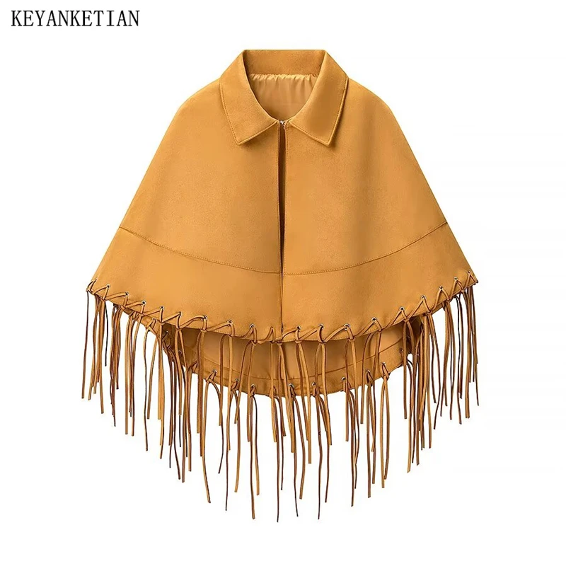 

KEYANKETIAN Spring New Women's Collar Asymmetrical Hem Suede Hidden Button Tassel Cape Women Shawl Short Top