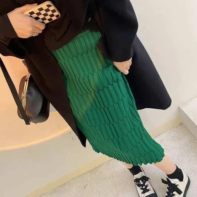 Korean Fashion Autumn/Winter New Women's Solid Elastic High Waist Pit Strip Casual Slim Mid-length A-line Hip Wrap Knitted Skirt