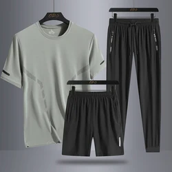 Men's Summer Simple Ice Silk Trendy Personalized Three piece Set with Round Neck T-shirt, Shorts, Pants, Loose Sports Set