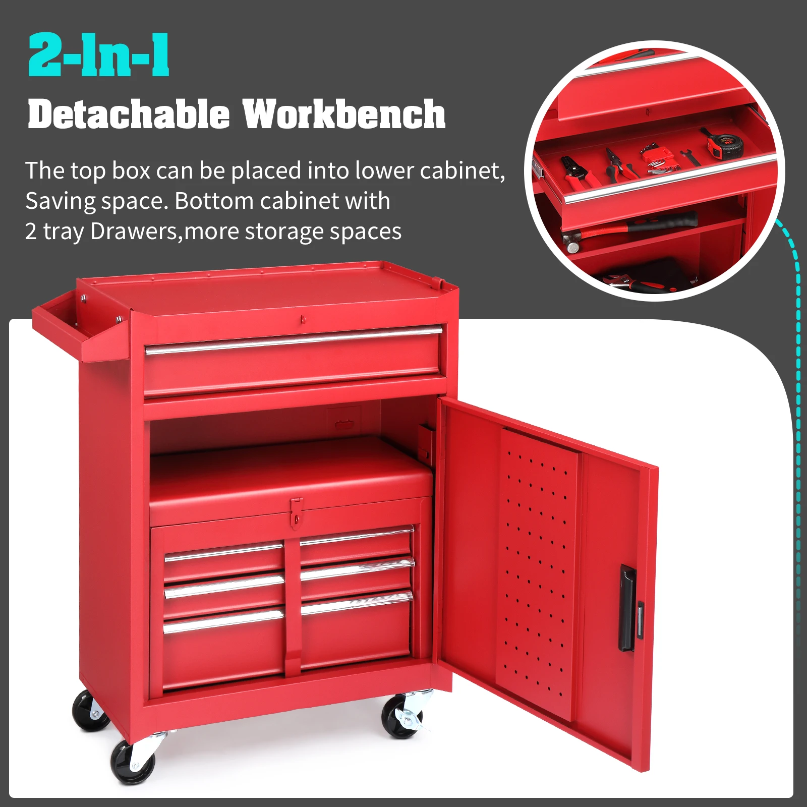Tool Cabinet Tool Cart Combination Rolling Tool Chest with Drawers, Multi-Drawer Storage Organizer Box, Mobile Workshop Garage Tool Storage Cabinet, Heavy Duty Metal Tool Trolley for Repair Workshop Garage Hardware Tools Storage - view 7
