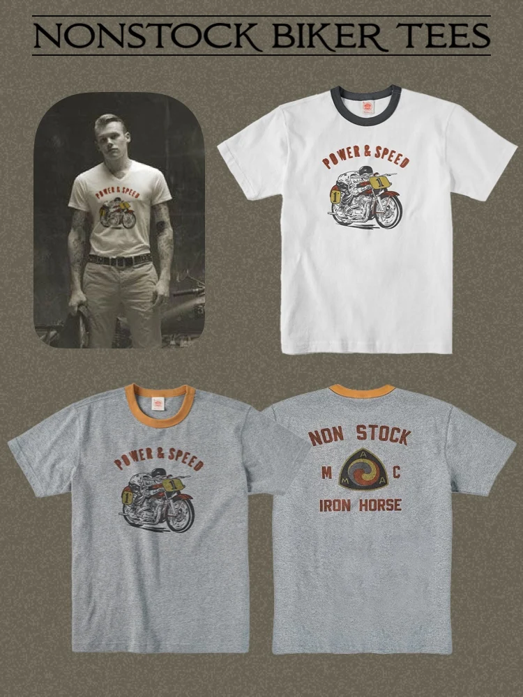 NonStock Retro American Style Motorcycle Print Cotton round Neck T-Shirt Youth Popular Casual Fashion Breathable Short Sleeve