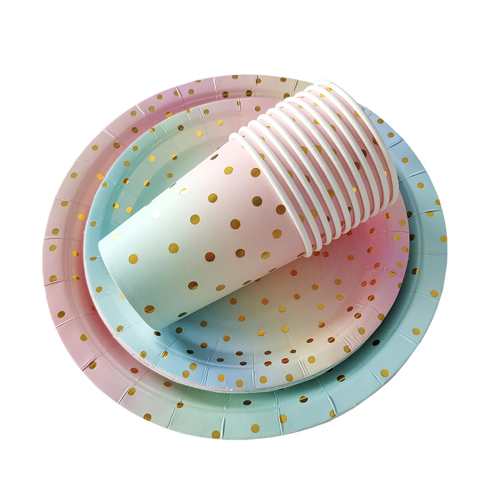 Regenbogen Geburtstag Einweggeschirr Gold Dot Farbverlauf Teller Tassen Servietten für Mädchen Regenbogen Party Dekoration Hochzeitszubehör – Detail 8