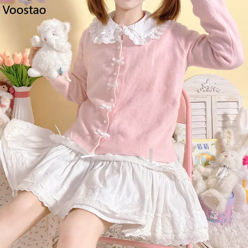 Autunno giapponese Kawaii ragazze Lolita Cardigan lavorato a maglia dolce carino fiocco di perle maglione rosa top donna Harajuku o-collo maglieria