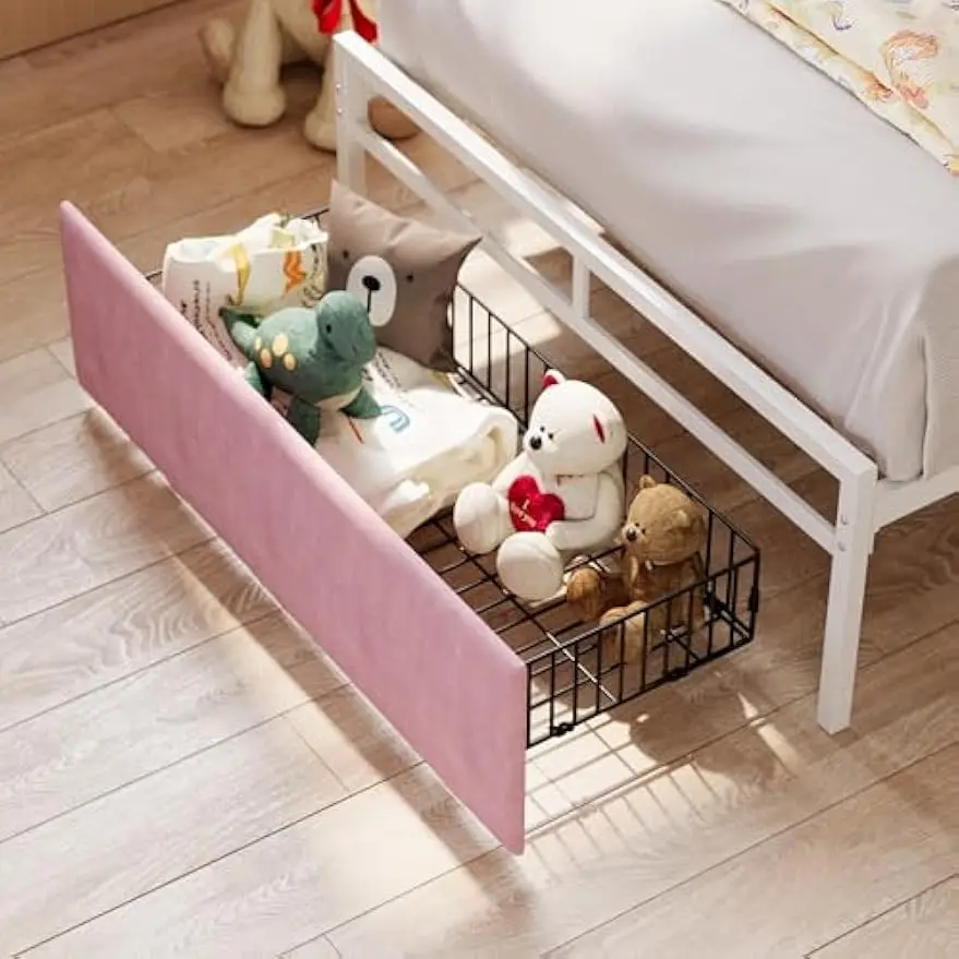 Twinsize bedframe met armleuningen, hoofdeinde en RGB-licht, gestoffeerd Twinsize bedplatform met lades, geen boxspring