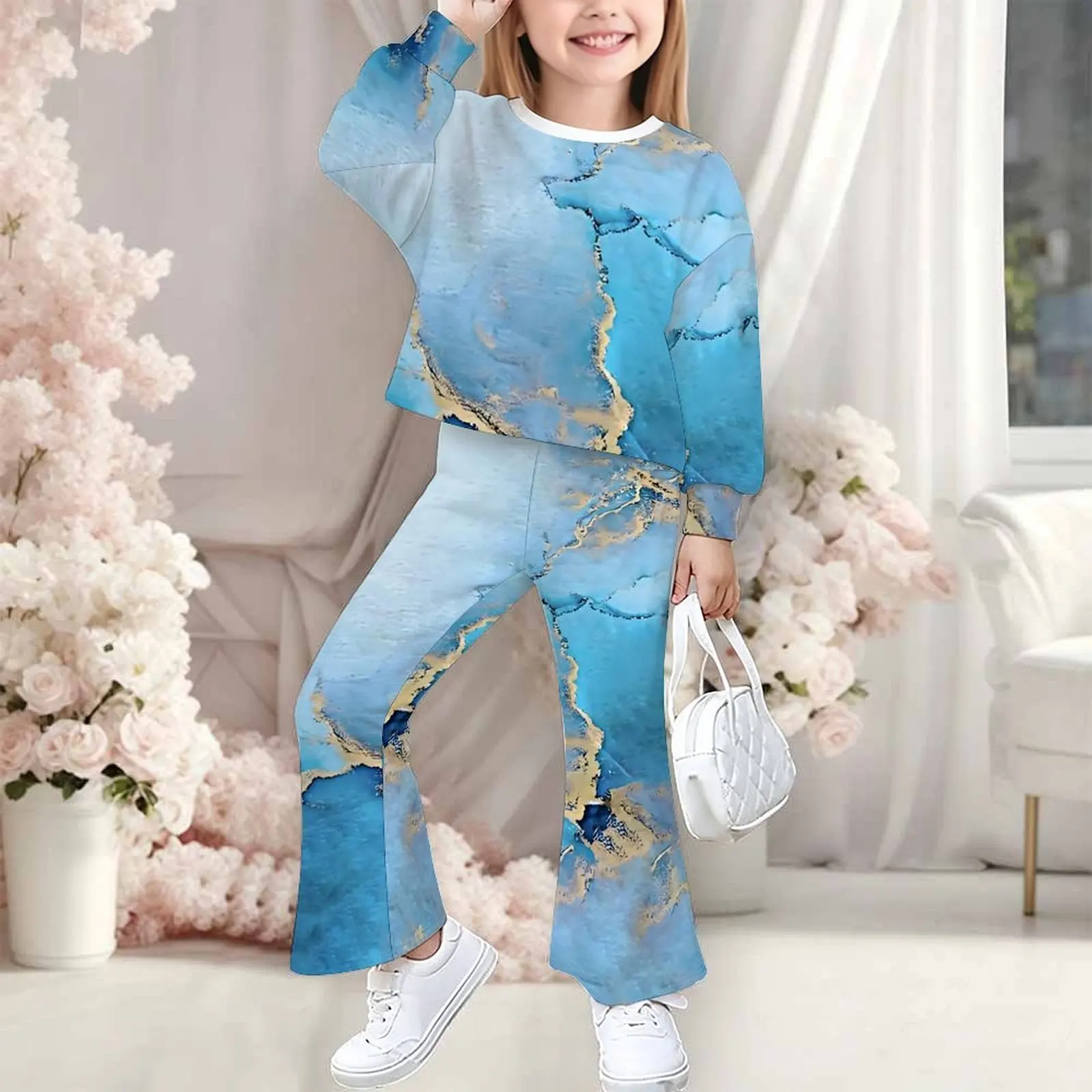 Cute Two-Piece Print Bell-bottomed Pants Casual Top Fashion Trousers Autumn Sweatshirt Set Winter Girl's Round-Neck Long Sleeve