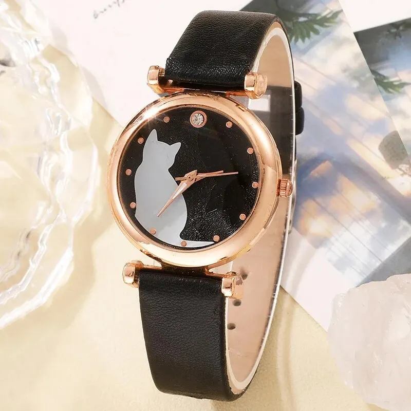 Fashion Watches Women Cute Cat Ladies Simple Quartz Wrist Watches Lady Leather Strap Casual Watch Female Clock Montre Femme