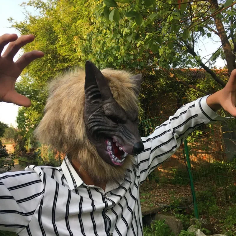Werewolf Costume Party Mask Wolf Gloves Cosplay Halloween Latex Rubber Wolf Head Hair Mask Werewolf Glove Party Scary Decor