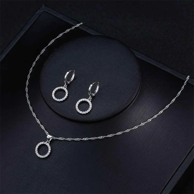 925 Sterling Silver Stamped Bridal Jewelry Sets Beads Cubic Zirconia Necklaces Hoop Earrings Women Girls Engagement Anniversary