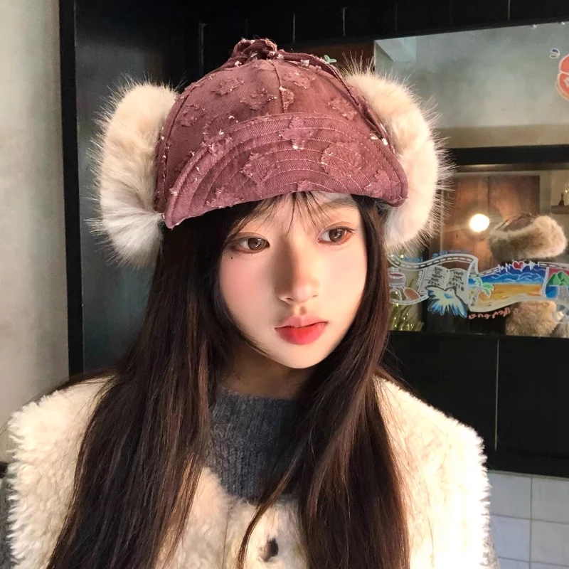 Retro Purple Thickened Plush Ear Protector Pilot Caps for Women Autumn Winter Travel Warm Versatile Fashion Strap Bomber Hats view 2