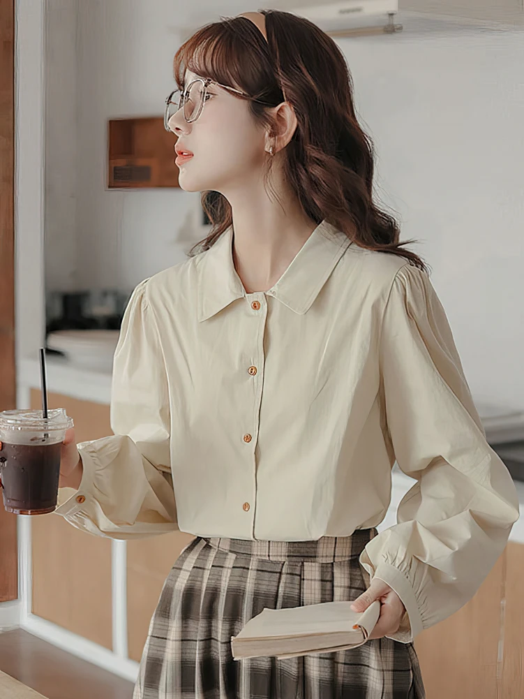 School Vintage Puff Long sleeve Shirt Women Cotton Youthful Basic Casual Blouses Female Top Lady Elegant White Oversized