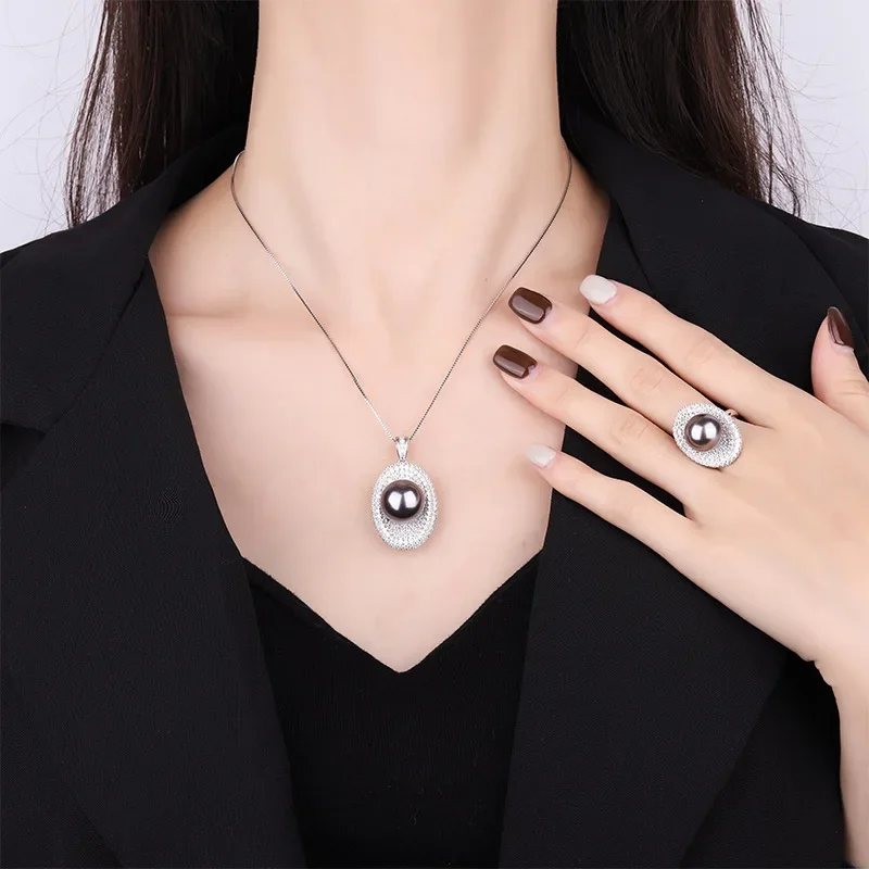 Jewelry S925 silver plated PT950 inlaid with Austrian fritillary pearl retro gray bead jewelry set 14mm12mm