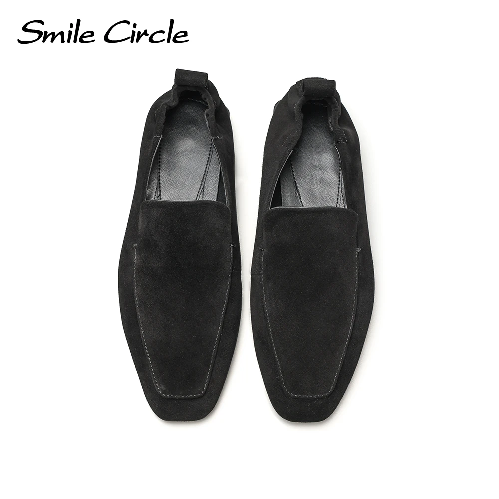 Smile Circle Suede Leather Loafers Women Square toe Slip-on Flat Shoes Simple Comfortable and Soft Women\'s Casual Shoes