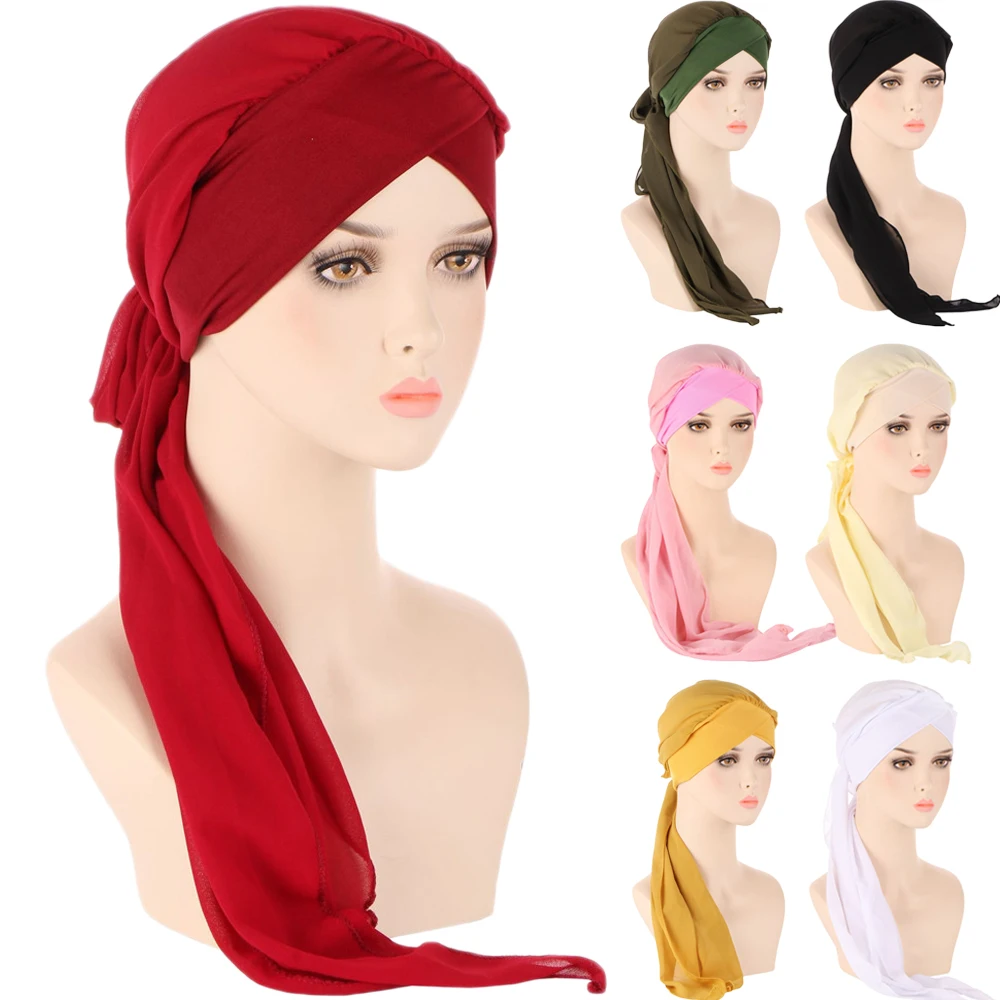 

New Women Pre-Tied Chemo Cap Muslim Hijab Turban Chiffon Bandana Headscarf Wrap Bonnet Hat Scarf Head Cover Hair Loss Headwear