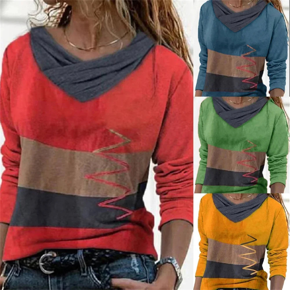 

Women T-Shirts V Neck Contrast Color Irregular Stitching Stripes Spring Autumn Long Sleeve Street Hipster Clothing Ladies Tees