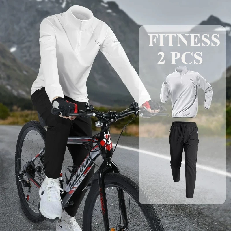 Fitness Men's 2-Piece Sportswear Set Breathable Jacket and Pants Camping Cycling Training Gear Outdoor Activities Clothing