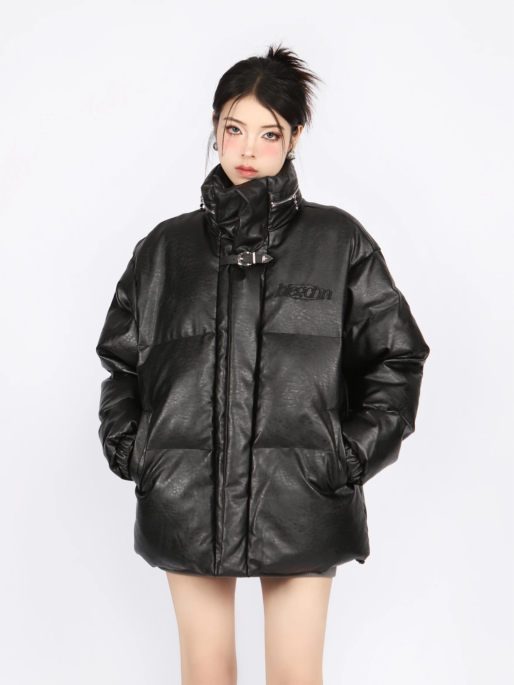

Oversize Cotton Jaet Street Sle Zipper PU Leather Bread ape Couple Coat Loose Fit Long Sve Stand Collar Thiened Wi...