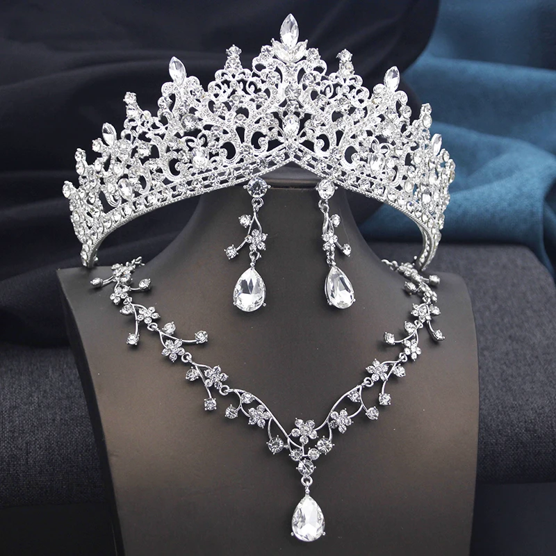 3Pcs Crown Bridal Jewelry Sets for Women Purple Colors Tiaras and necklace earrings Prom Birthday Wedding Tiaras and Crowns Set