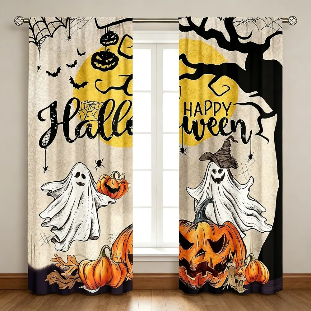 2PCS Halloween Fall Curtains, Ghost Pumpkin Text, Digital Print, Bedroom Living Room, Office, Polyester, Window Drapes