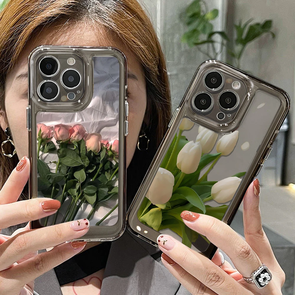 Clear TPU Flowers Rose Phone Case For iPhone 13 Pro Funda iPhone 16 15 11 14 12 Pro Max 7 8 SE Plus X XR XS Max 13pro Soft Cover