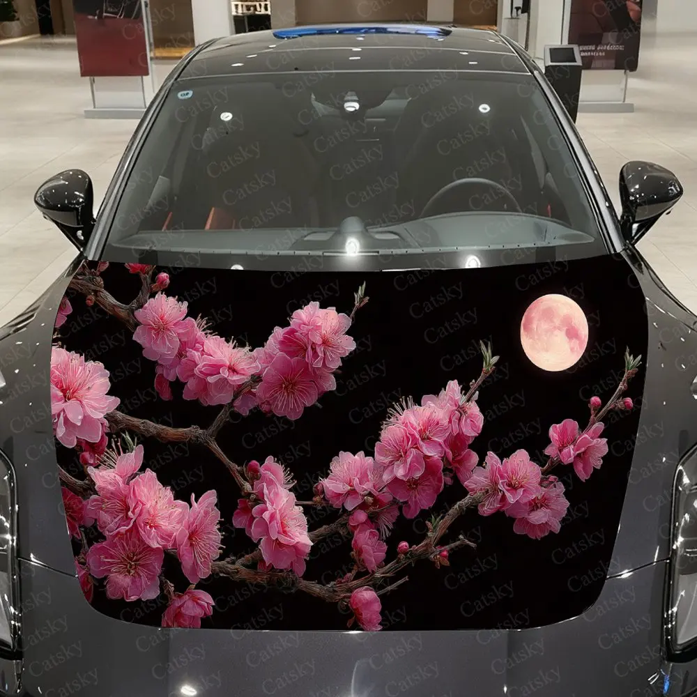 Plum & Moon in Dark Night Car Vinyl Wrap, PVC Waterproof Car Hood Sticker, Self-Adhesive Scratch-Resistant Stickers