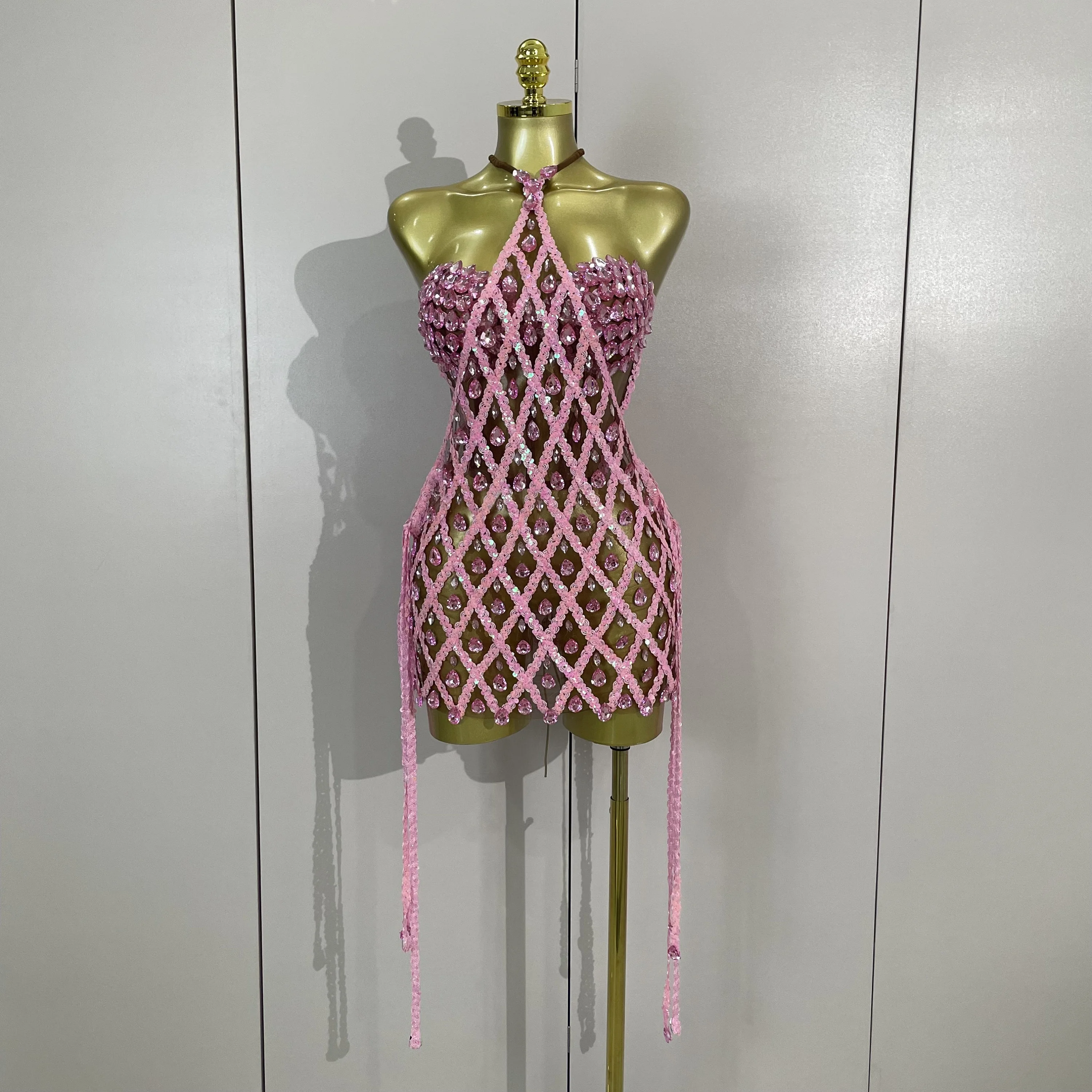 Women Sparkly Diamonds Pink Mesh Transparent Top Dress Two Piece Set Sexy Evening Party Celebrate Birthday PhotoShoot Stage Wear