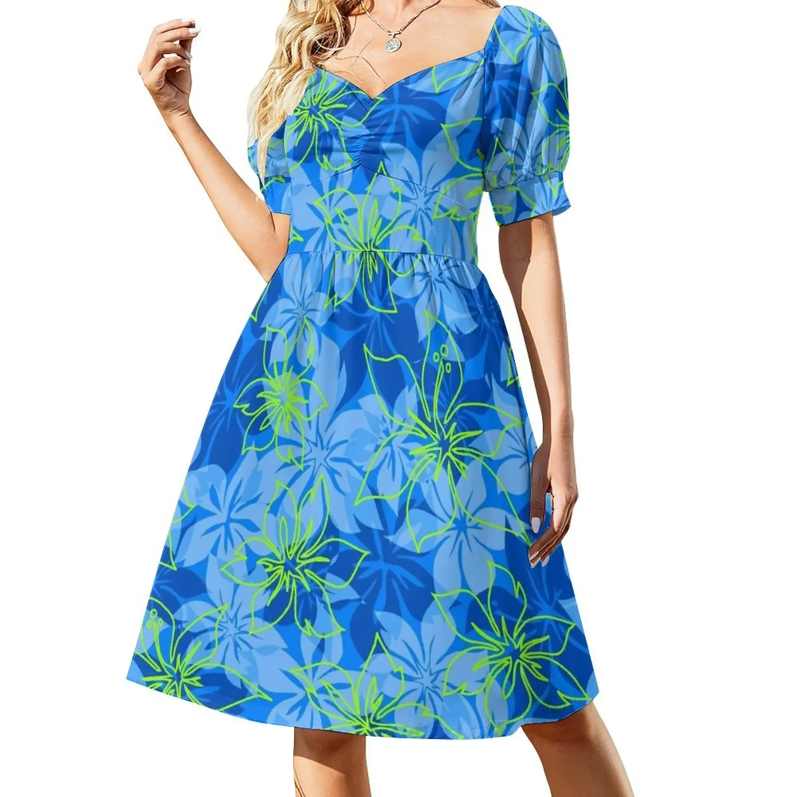 

Olowalu Hibiscus Hawaiian Aloha Shirt Print - Blue and Lime Short-Sleeved Dress women's dresses luxury