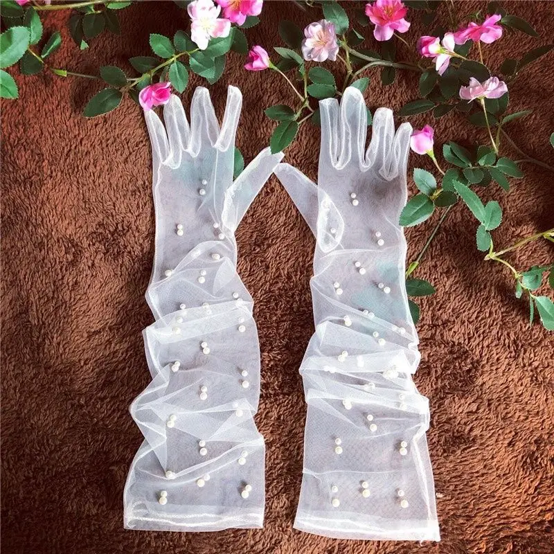 Guantes de novia de malla con cuentas de perlas, accesorios de boda blancos, cubierta de brazo, guante de encaje para novia elegante