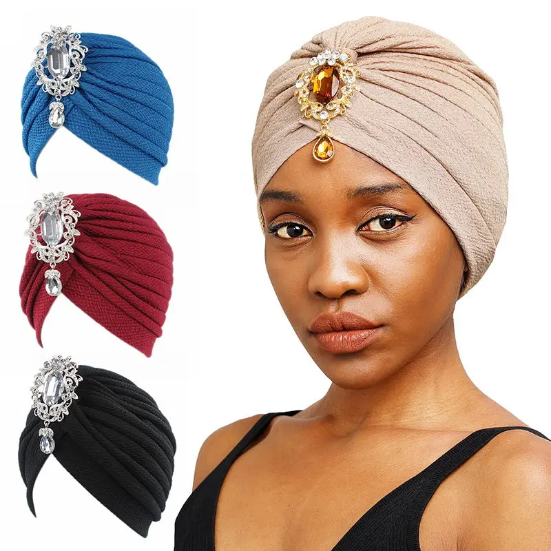 New women jewelry Turban Hat with Pendant Fashion Muslim Hijab Caps Diamonds Head Wrap Ladies Bandana Chemo Cap Arab Wrap