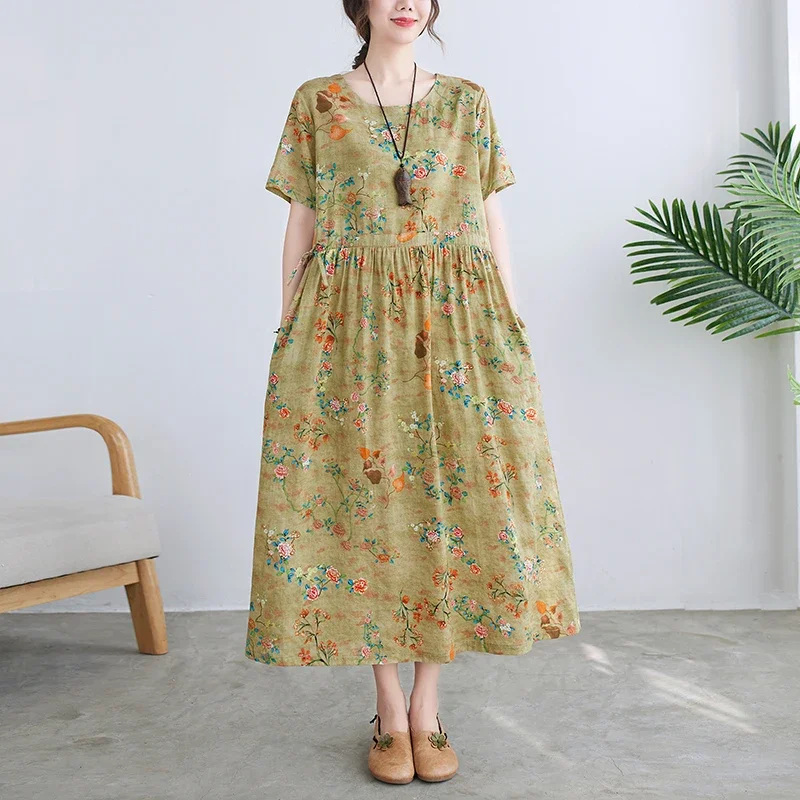 

2024 Arrival Print Floral Vintage Women Summer Dress Thin Light Soft Holiday Large Size Loose Lady Travel Style Casual Dress H36