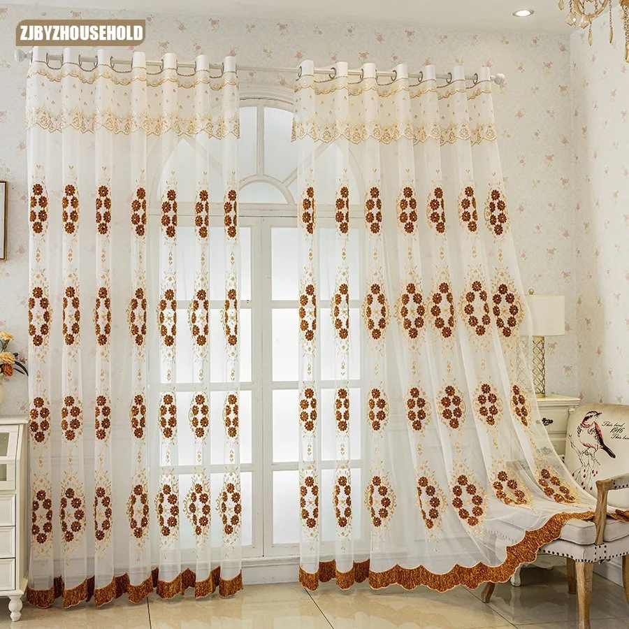 

Custom Size Embossed Handmade Stapled Beads Embroidered Floral Gauze Curtains Living Room Bedroom Balcony Home European