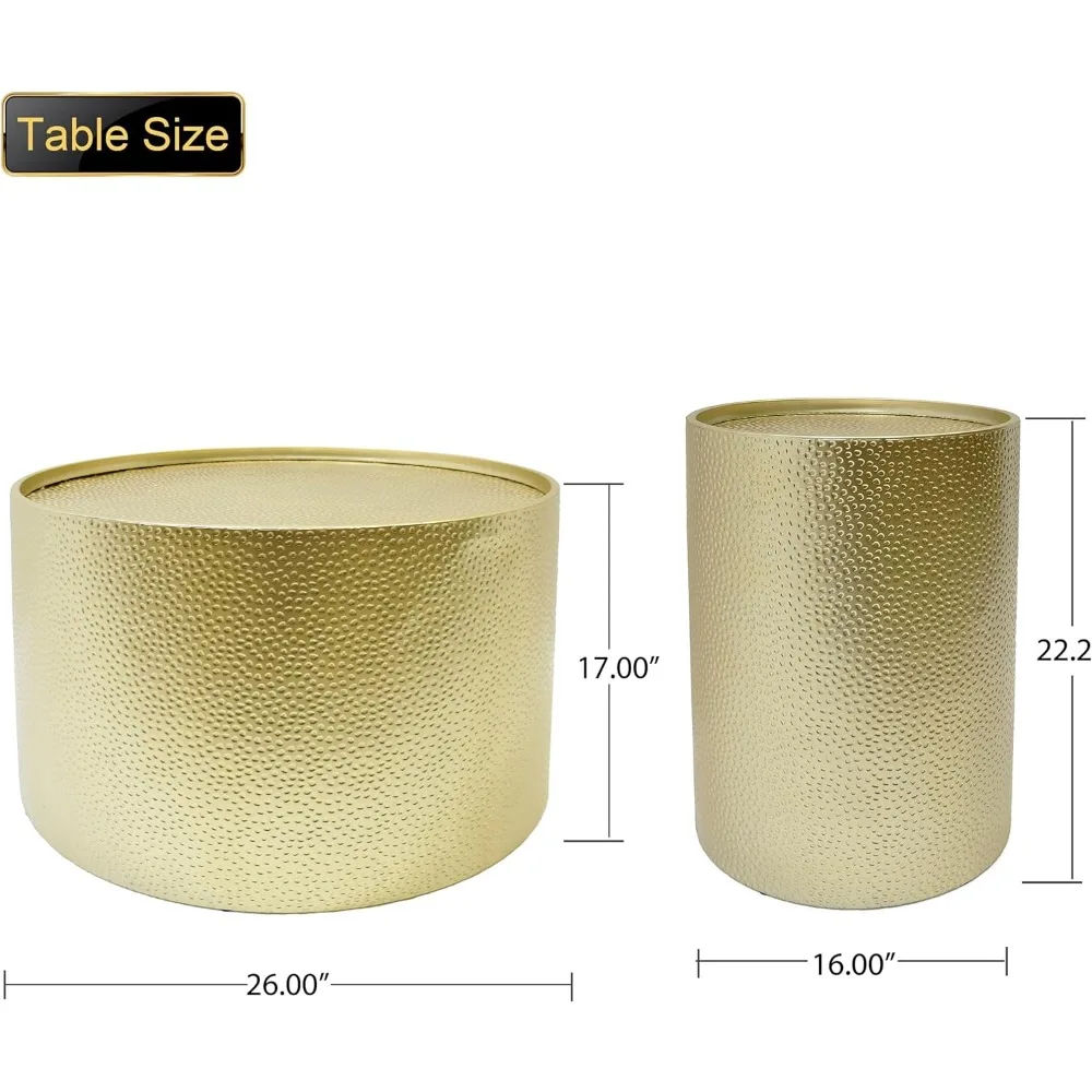 Zestaw 3 złotych stolików kawowych z efektem młotkowania, retro metalowe stoliki akcentujące do salonu, rozmiary 26 i 16, gotowe do użycia