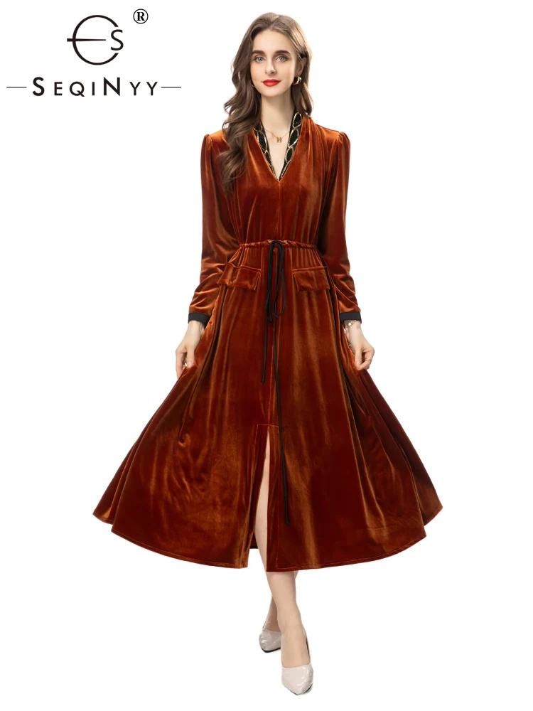 

SEQINYY Brown Midi Dress Spring Autumn New Fashion Design Women Runway Beading V-Neck Velvet Split Elegant Party Shirring