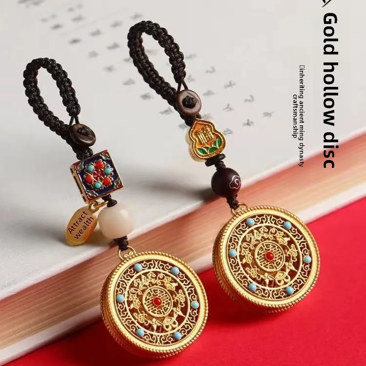 Chinese Style Traditional Ancient Gold Plated Hollow Five Blessings Compass Keychain Lucky Blessing Safety Wealth Amulet Bag Pen