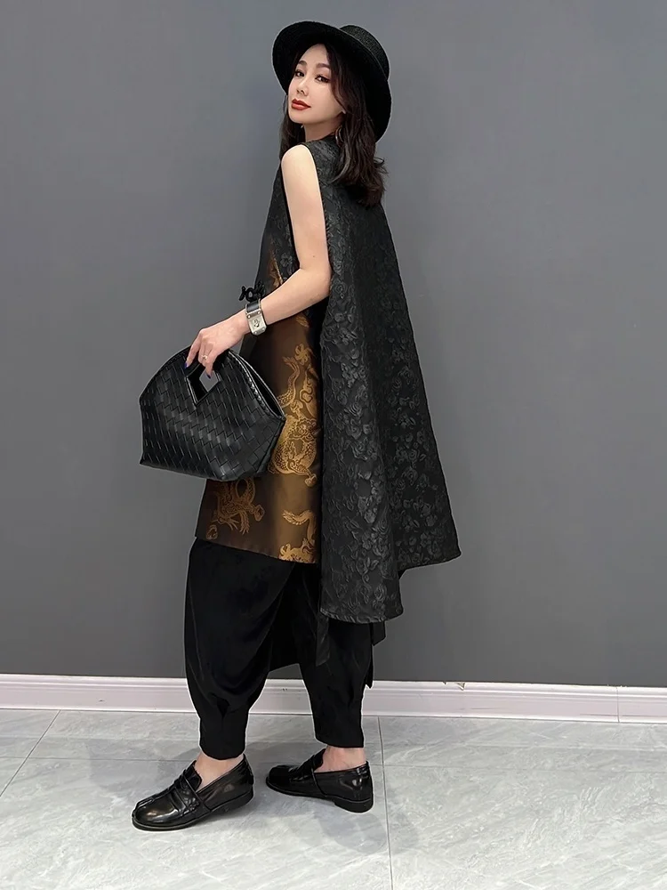 SHENGPALAE V-neck Long Vest Sleeveless Coat Loose Chinese Style Mid-length Printing Irregular Jacket Women 2024 Spring New 5R585