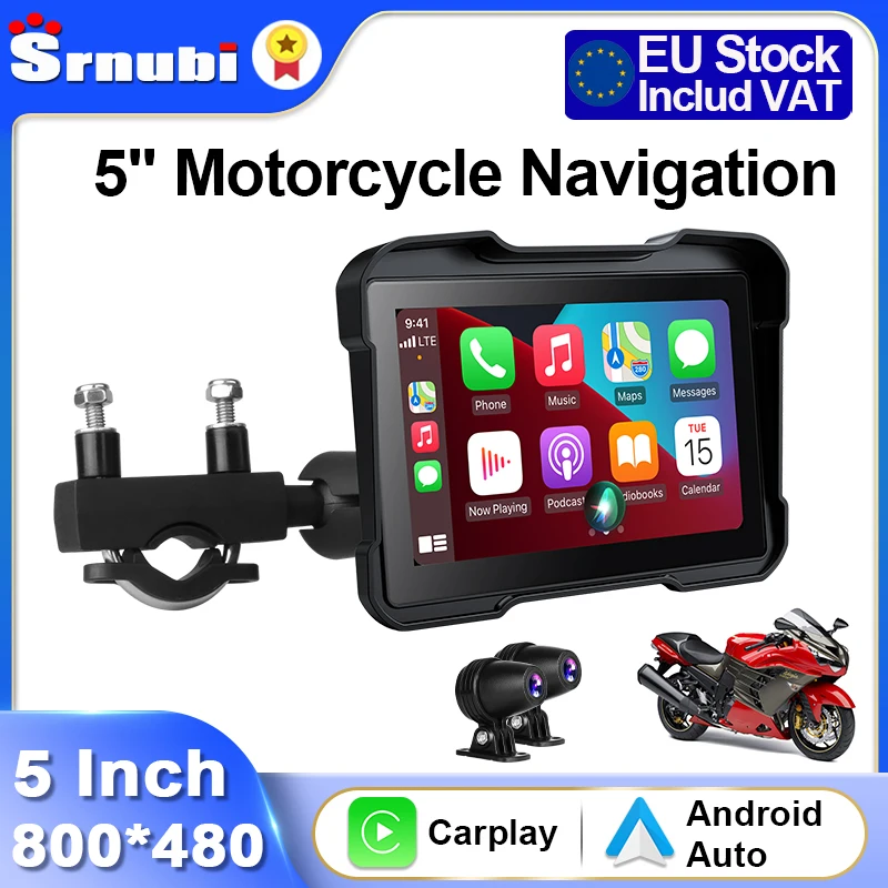Srnubi 5-Zoll-Carplay-Motorrad-DVR-Navigation, kabelloses CarPlay, Android Auto, tragbar, IPX7 Moto-Monitor, Airplay-Display