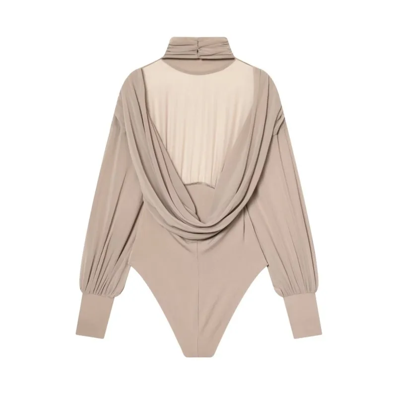 Damskie jesienne seksowne body z wysokim dekoltem, dopasowane, z długim rękawem, modne kombinezony, bez pleców, w stylu plażowym.