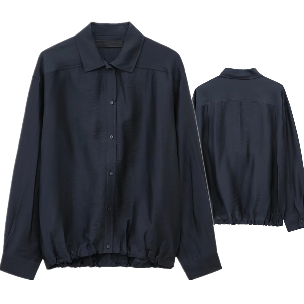 

Jenny&Dave Fashion Ladies Soring Minimalist Navy Blue Bamboo Cotton Long Seeved Shirt With Cinched Waist Blouse Women Tops