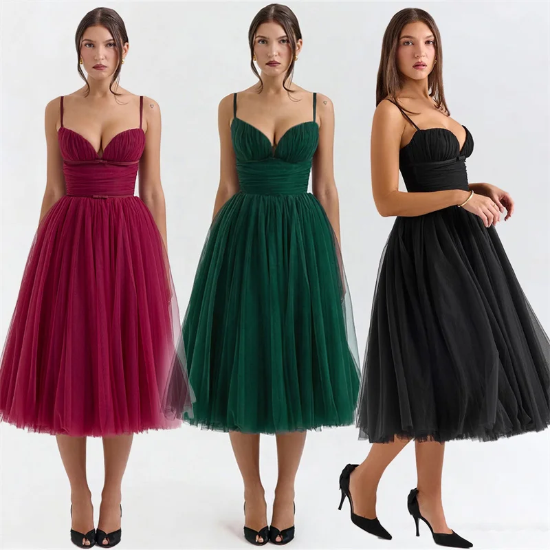 Sexy Tulle A Line V Neck Pleat Spaghetti Straps Bridesmaid Dresses Wedding Party Prom Homecoming Birthday Cocktail Tea Length