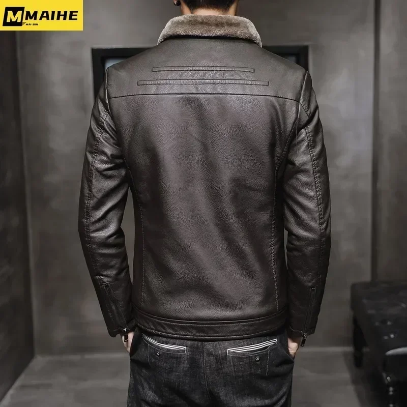 Brand Leather Jacket Men\'s Winter Motorcycle Clothes Leanther Jacket Men\'s Thickened Fur Collar Windproof Pu Leather Coat Male