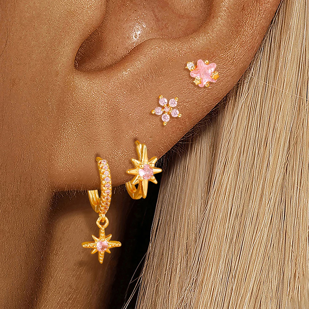 4PCS/8PCS Stainless Steel Star Dangle Earrings Crystal Zirconia Small Cartilage Helix Tragus Piercing Jewelry Set for Women
