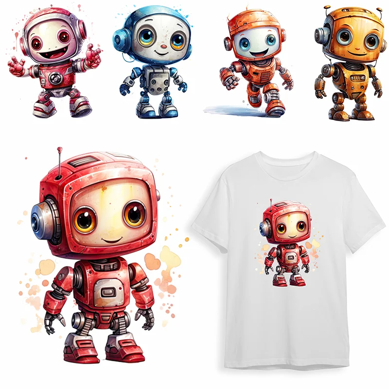 

Iron Sticker For Clothing Patches Children's Cartoon Robot Cute Kids T-shirt Watercolor DIY Hoodie Jacket Sticker Washabl