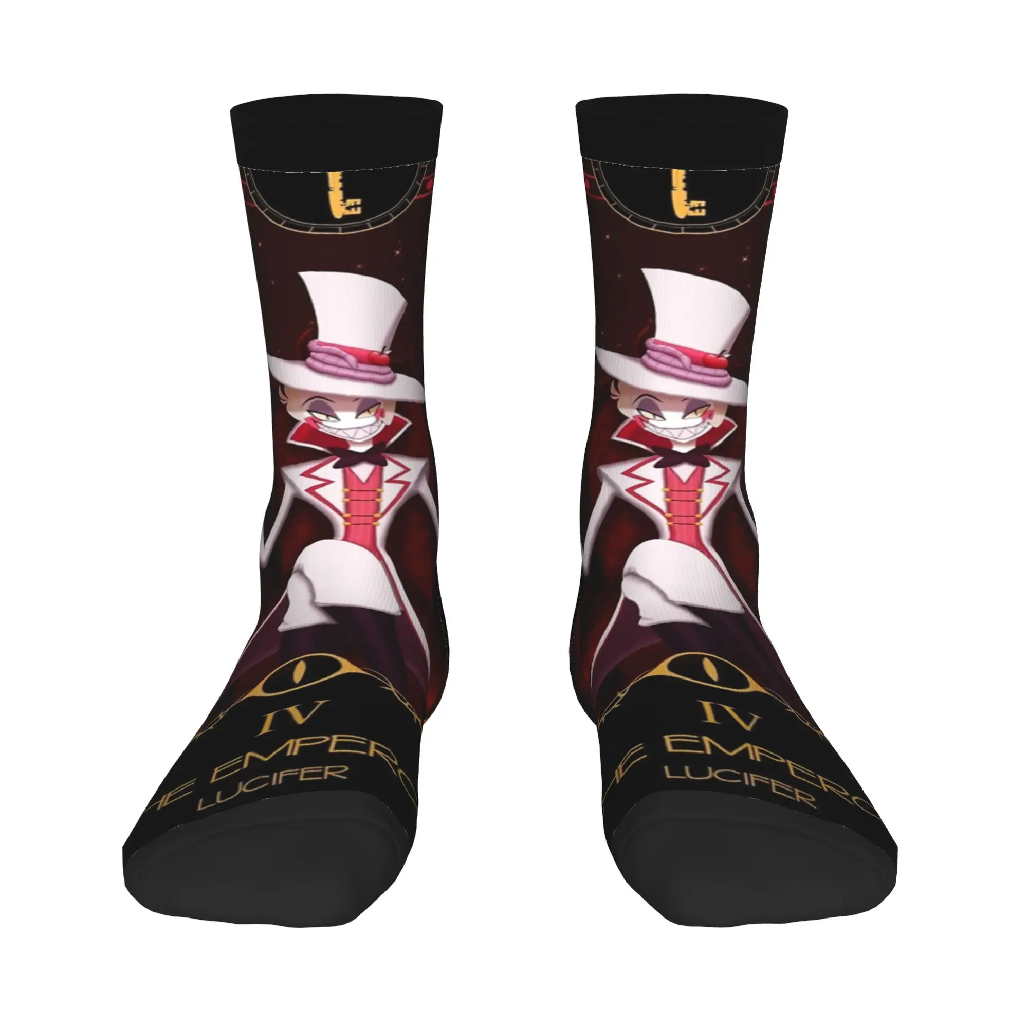 Crazy Design Hazbins Hotels Lucifer Alastor Meias de basquete Meias de poliéster para mulheres e homens respiráveis