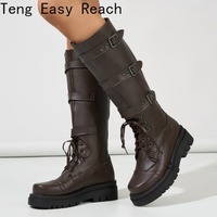 Western Style Belt Buckle Round Toe Thick Sole Platform Chunky Heels Women Boots Knee High Large Size New Fashion Classic Shoes