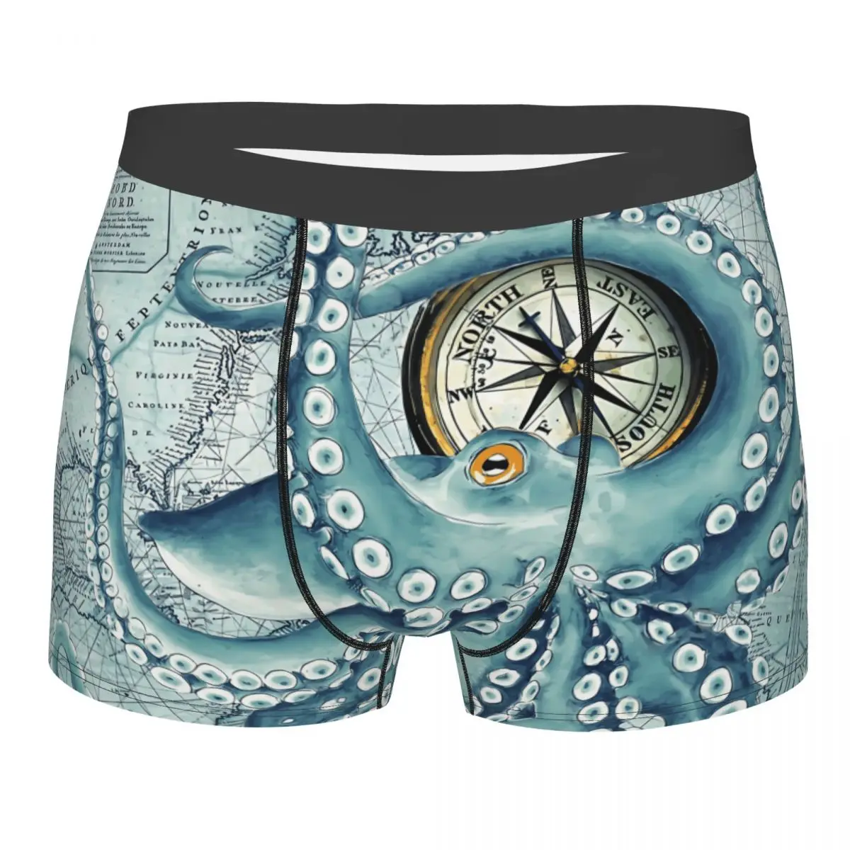 Octopus Tentacles Kraken Vintage Map Teal Man's Boxer Briefs Underpants Ocean Compass Highly Breathable Top Quality Sexy Shorts