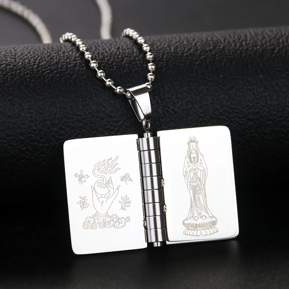 316 Stainless Steel Religious Heart Sutra Necklace Guanyin Lotus Book Pendant DIY Buddhist Prayer Woman Man Jewelry Accessories