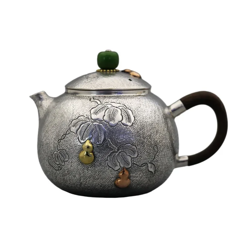 Sterling silver 999 brewing teapot small teapot frosted gourd simple old filter tea leak home tea set
