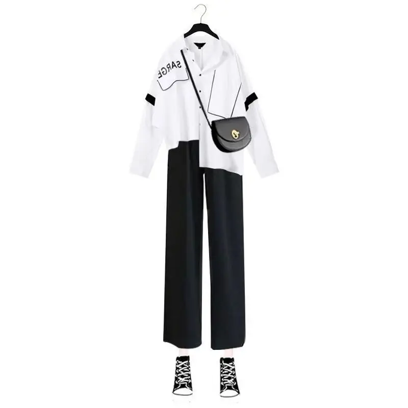 Korean Popular Letter Printing Asymmetric Chiffon Shirt Casual Wide Leg Pants Two-piece Elegant Women Pants Set Sports Outfits