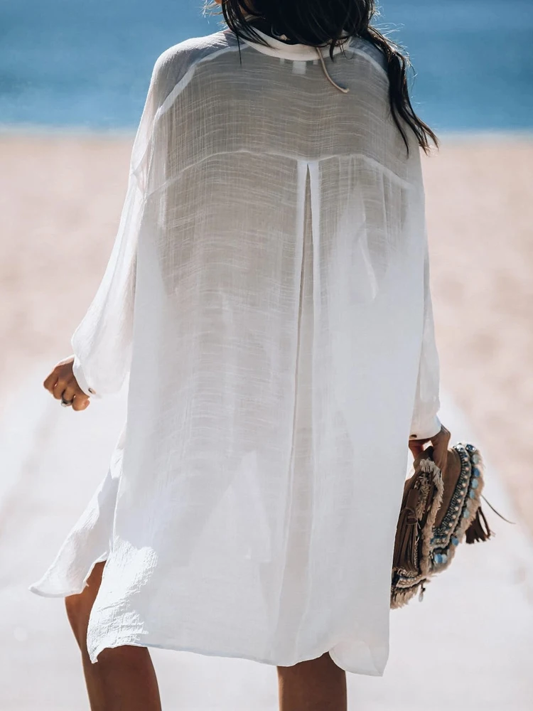 Einfarbiges, lässiges Langarmkleid für Damen, Damen-Badeanzug mit Sonnenschutz-Strandrock, erhältlich in mehreren Farben