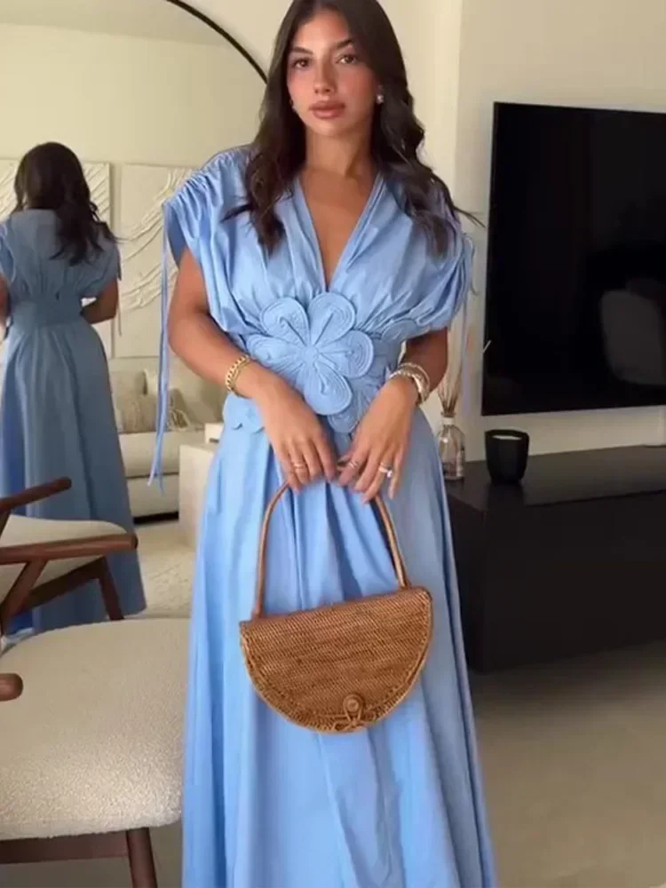 Women Elegant 3d Flower Solid Pleated Long Dress Chic V Neck Short Sleeved Drawstring Lace Up Robes Summer Lady High Street Wear image 4