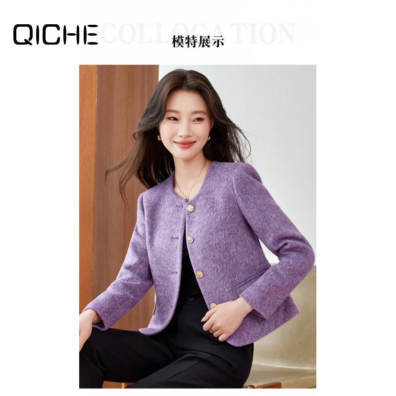 QICHE Women Fashion Outerwear Unique Mature Purple Round‑Neck Wool‑Blend Tweed‑Style Short Commuter Blazer